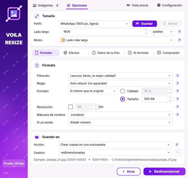 Ventana de Voila Resize con las opciones de tamaño, formato y destino